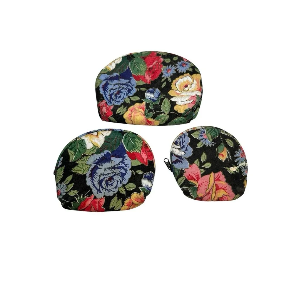 Vintage Quilted Floral Cosmetic Bag 3-Piece Set Travel Makeup Pouches